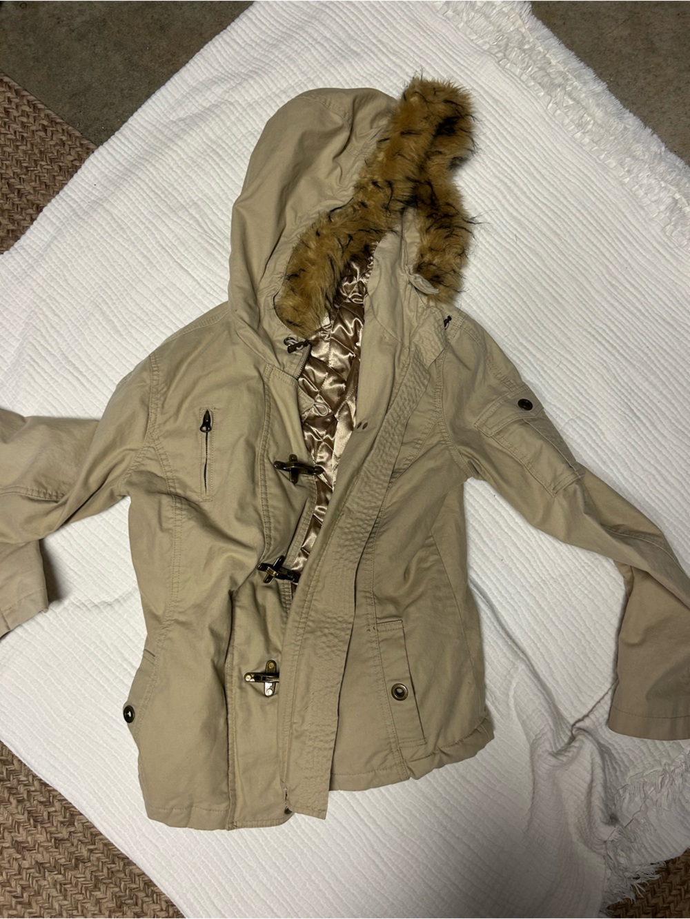 Old Navy Beige Hooded Trench Coat with Faux Fur Trim